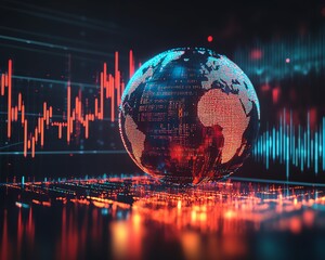 Fototapete - 3D rendered digital globe with flowing binary code and financial graphs on a blue background, global finance and data concept