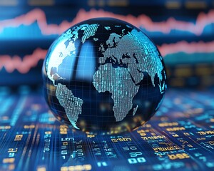 Fototapete - 3D rendered digital globe with moving binary code and financial market graphs, blue background, representing global financial data