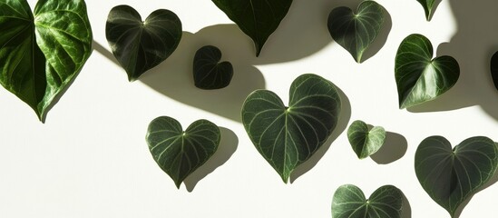 Wall Mural - heart-shaped leaves in varying sizes creating shadows on a light background in a beautiful flat lay 