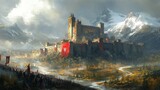 Majestic Medieval Castle Amidst Snowy Mountains