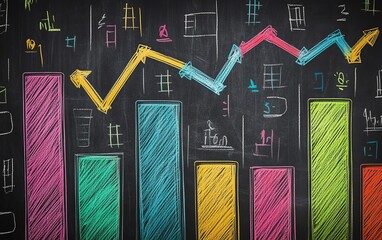 Leinwandbilder - AI generative handdrawn colorful bar graph and line chart on a chalkboard, dynamic and creative data representation