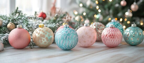 Sticker - Colorful holiday ornaments arranged on a rustic wooden table with pine garlands and a softly lit Christmas tree in the background.