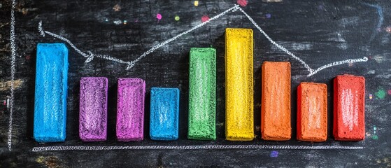 Poster - Blackboard with vibrant handdrawn bar graph and line chart using colorful chalk, AIinspired data analysis design