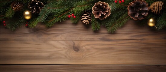 Wall Mural - Christmas decor background with fir branches cones and ornaments on rustic wooden table featuring ample copy space for seasonal greetings