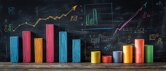 Poster - Blackboard with vibrant handdrawn bar graph and line chart using colorful chalk, AIinspired data analysis design
