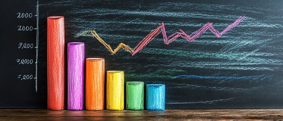 Poster - Blackboard with vibrant handdrawn bar graph and line chart using colorful chalk, AIinspired data analysis design