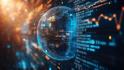 Aufkleber - Blue digital background with a 3D globe, binary code streams, and financial graphs, symbolizing global finance and data analysis