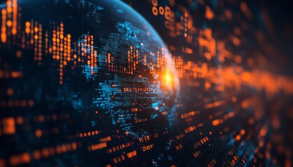 Fototapete - Blue digital background with a 3D globe, binary code streams, and financial graphs, symbolizing global finance and data analysis