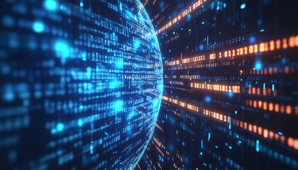Fototapete - Blue digital background with a 3D globe, binary code streams, and financial graphs, symbolizing global finance and data analysis