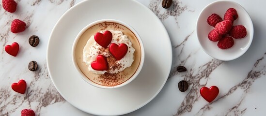 Wall Mural - Coffee dessert topped with whipped cream and red heart candies surrounded by fresh raspberries and coffee beans on a marble surface