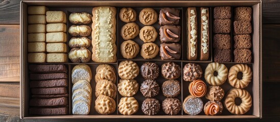 Wall Mural - Assorted gingerbread cookies beautifully arranged in a box on rustic wooden background for festive celebrations and holiday treats