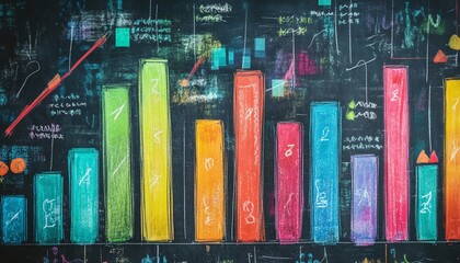 Leinwandbilder - Chalkboard with handdrawn colorful bar graph and line chart, AI generative design, showcasing dynamic data insights