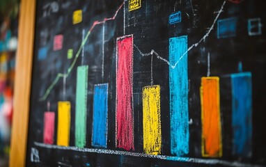 Poster - Colorful bar graph and line chart drawn with chalk on a blackboard, AI generative style, data analysis and insights visualization