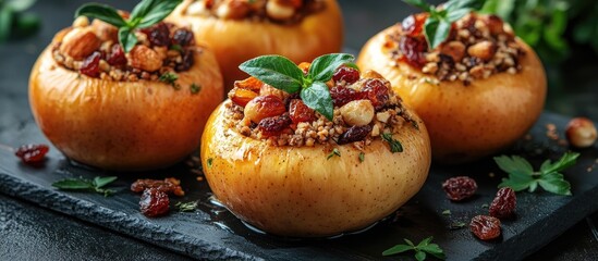 Poster - Baked apples stuffed with dried fruits and nuts served on a slate platter garnished with fresh herbs