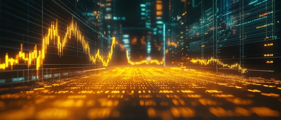 Leinwandbilder - Digital Forex trading chart with live market data, glowing graphs, currency symbols, and global financial information, 3D rendering