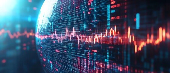 Fototapete - Digital globe surrounded by binary code and dynamic financial graphs on a blue background, 3D rendering, tech and finance theme