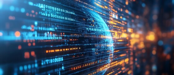 Fototapete - Digital globe surrounded by binary code and dynamic financial graphs on a blue background, 3D rendering, tech and finance theme