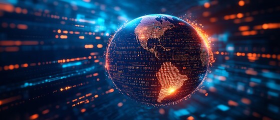 Fototapete - Digital globe surrounded by binary code and dynamic financial graphs on a blue background, 3D rendering, tech and finance theme