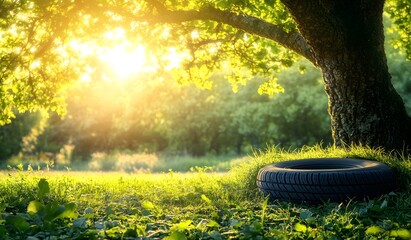 Close-up of a car tire on green grass with a tree in the sunny spring day, with copy space for a concept of summer travel and vacation. Spring nature background. 