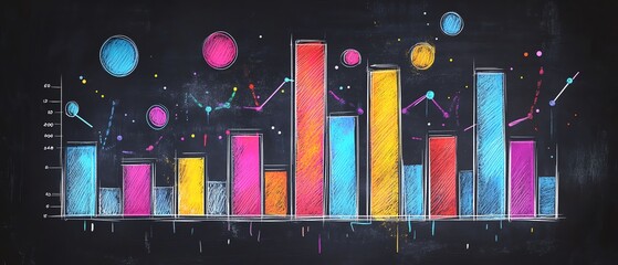 Poster - Handdrawn bar graph and line chart in vibrant colors on a blackboard with chalk, AI generative data visualization concept