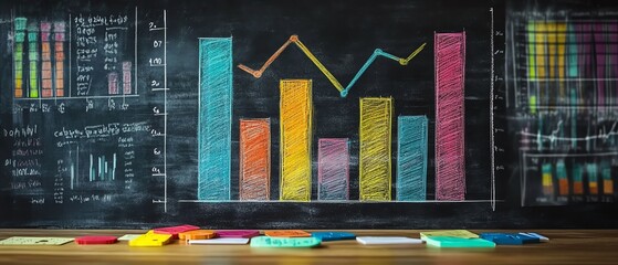 Poster - Handdrawn bar graph and line chart in vibrant colors on a blackboard with chalk, AI generative data visualization concept