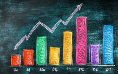 Leinwandbilder - Handdrawn colorful bar graph and line chart on a blackboard with chalk, AI generative concept, vibrant and dynamic data visualization