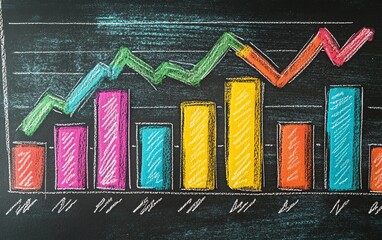 Leinwandbilder - Handdrawn colorful bar graph and line chart on a blackboard with chalk, AI generative concept, vibrant and dynamic data visualization