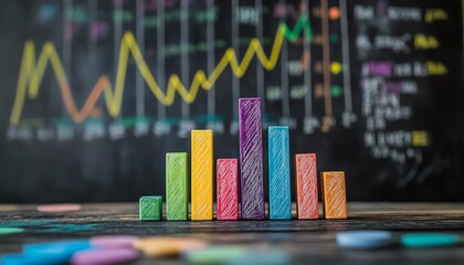 Aufkleber - Handdrawn colorful bar graph and line chart on a blackboard with chalk, AI generative concept, vibrant and dynamic data visualization
