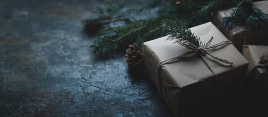 Sticker - Rustic Christmas scene with wrapped gifts and pine branches creating a cozy festive atmosphere on a textured surface