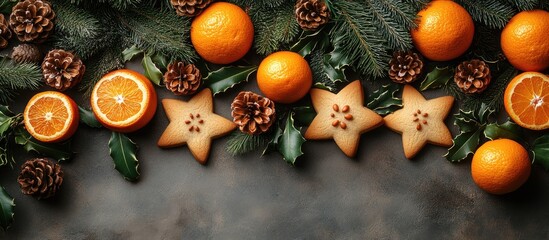 Canvas Print - Festive arrangement of star-shaped cookies fir branches and mandarins with pine cones on a textured tile background