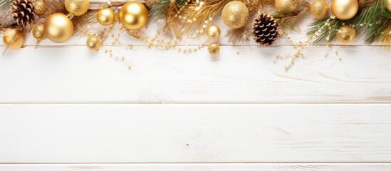 Wall Mural - Festive Christmas New Year backdrop with fir tree branches golden ornaments and pine cones on a white wooden surface for holiday decor