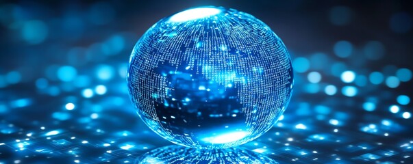 Fototapete - 3D digital globe with binary code and financial graphs, blue background, representing global economy and datadriven insights