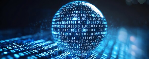 Fototapete - 3D digital globe with binary code and financial graphs, blue background, representing global economy and datadriven insights