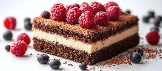 Wall Mural - Delicious chocolate cake topped with fresh raspberries and blueberries on a white background perfect for bakery and dessert promotions