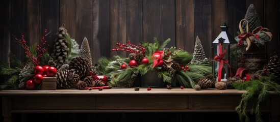 Wall Mural - Christmas centerpiece with fir branches, ornaments, and gifts on rustic wooden table for festive holiday decor inspiration.