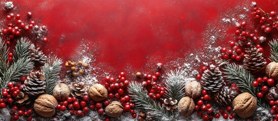 Wall Mural - Festive Christmas and New Year decoration with hazelnuts walnuts red berries cones and spruce branches on a vibrant red background