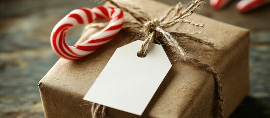 Sticker - Christmas gift wrapped in brown paper with blank tag and candy cane detail tied with twine against rustic background in shallow focus