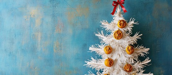 Wall Mural - Festive white fir Christmas tree decorated with dried oranges and red ribbons against a blue backdrop creating a cheerful holiday ambiance