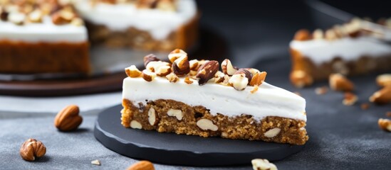 Poster - Delicious slice of nut-topped cake with white icing on a dark concrete surface showcasing a gourmet dessert presentation