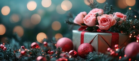 Wall Mural - Pink roses gift box surrounded by festive decorations and baubles celebrating the holiday season with a warm bokeh background.