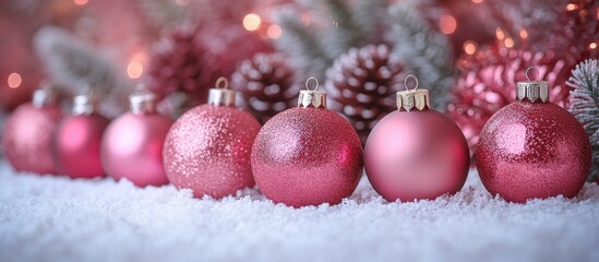 Wall Mural - Festive collection of pink Christmas ornaments surrounded by snow and pinecones on a soft pastel background