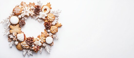 Canvas Print - Decorative cookie wreath with pinecones and icing on a white background showcasing festive holiday spirit and baked treats