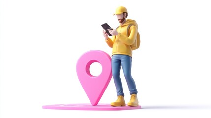 Aufkleber - A 3D character with a backpack checks a phone near a location pin symbol.