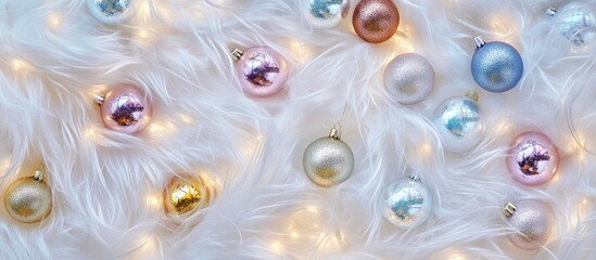 Wall Mural - Elegant Christmas baubles on soft white fur with warm vibrant lights creating a festive and cozy holiday atmosphere