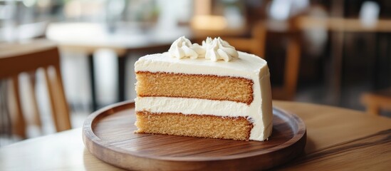 Sticker - Vanilla buttercream cake slice presented on a wooden plate in a cozy cafe setting with soft lighting and inviting atmosphere