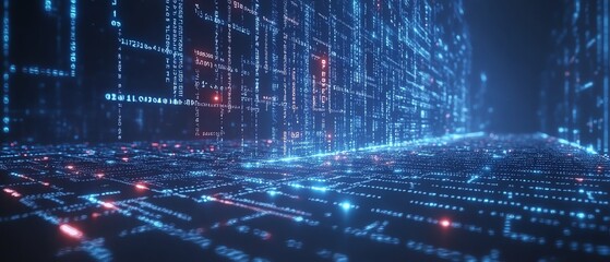 digital network connections and binary code flowing in cyberspace, dark blue futuristic background, 