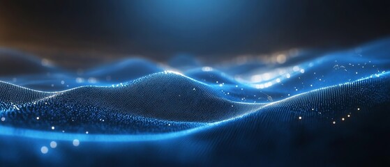 Digital network connections and binary code flowing in cyberspace, dark blue futuristic background, innovative 3D rendering design