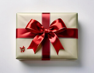 Wall Mural - A festive Christmas gift box wrapped in beige paper with a red ribbon and a small star-shaped decoration