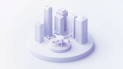 Aufkleber - A minimalist 3D representation of a drone surrounded by urban buildings.