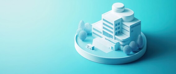 Poster - A stylized architectural model of a building surrounded by trees on a blue background.